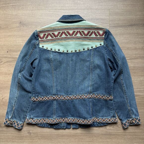 Coldwater Creek Size PM Aztec Southwestern Print Denim Blue Jean Cotton Jacket - Picture 2 of 10